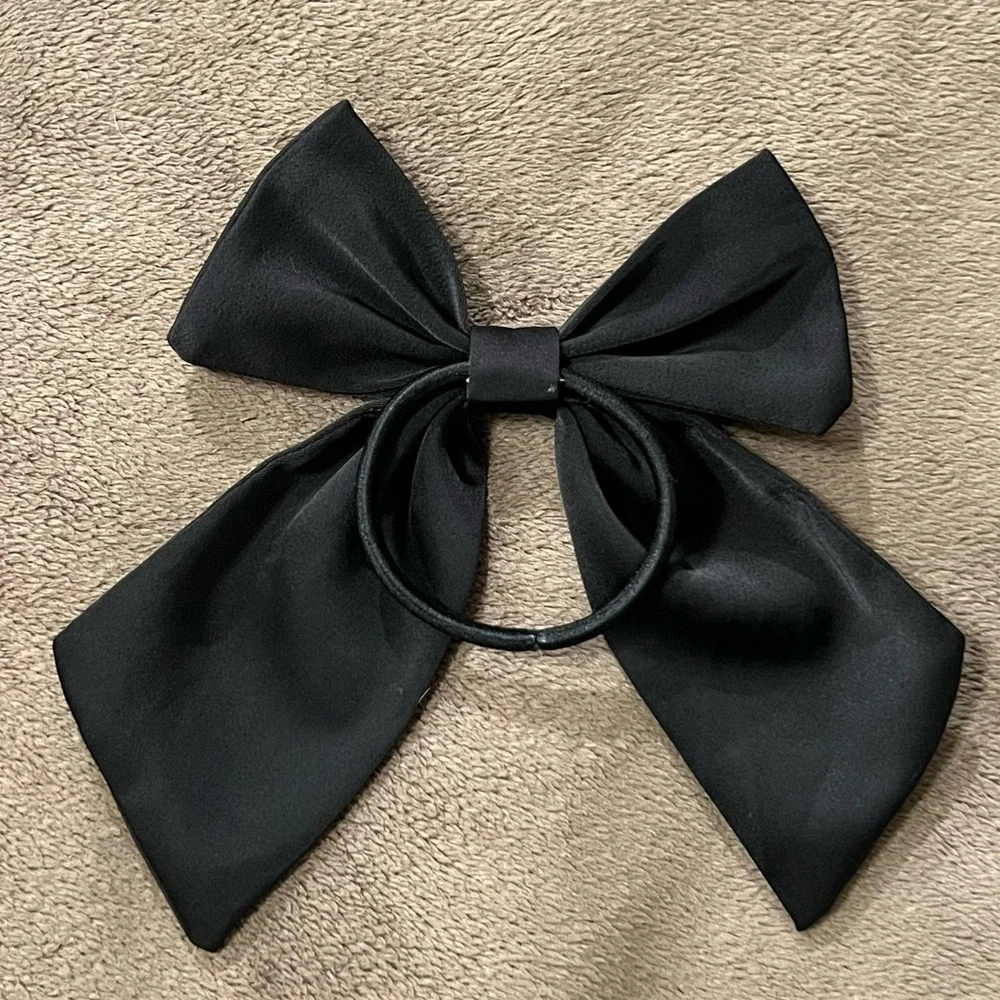 Elegant Satin Bow Hair Tie Lot of 2 Girly Ponytail Holders Black Off White